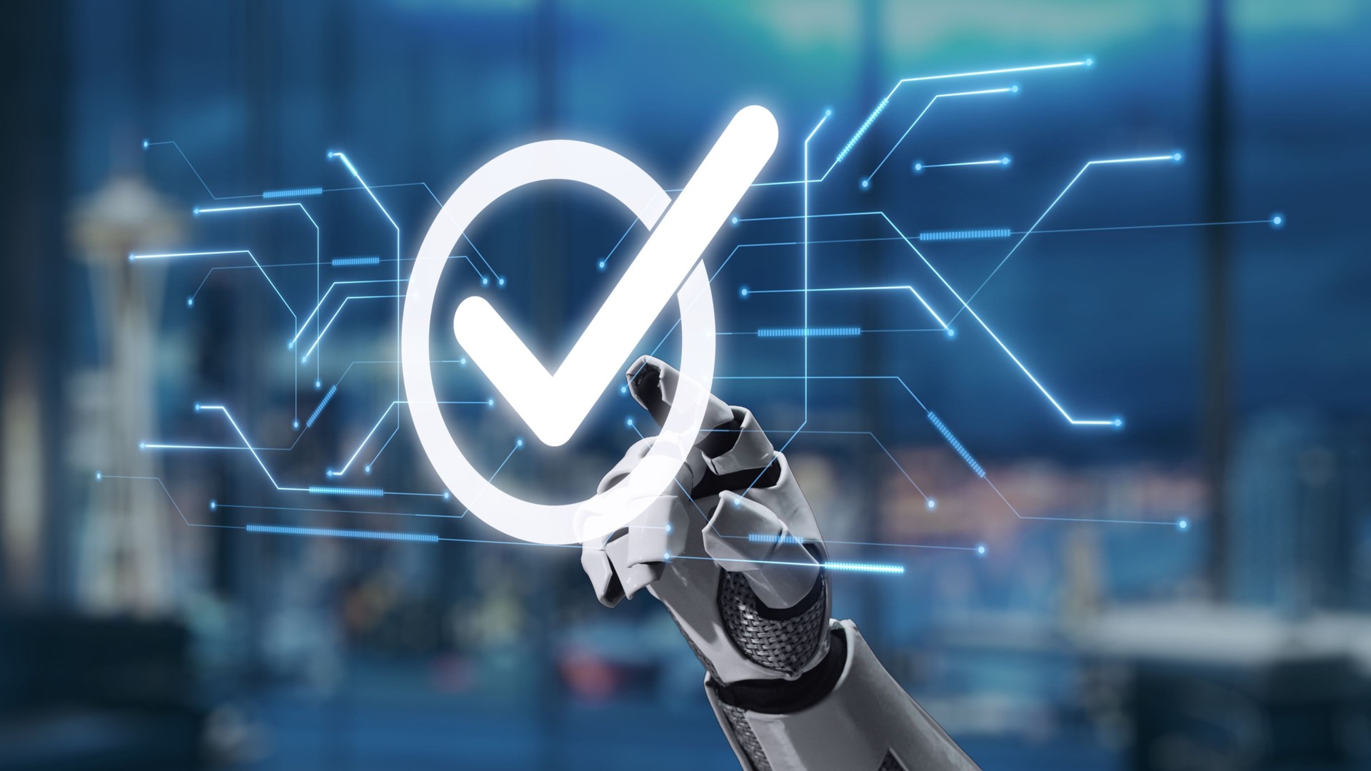 Futuristic Robotic Hand Touching Digital Check Mark with Technology Background Symbolizing Success, Approval, and Accuracy in Automation and Innovation. Auvana