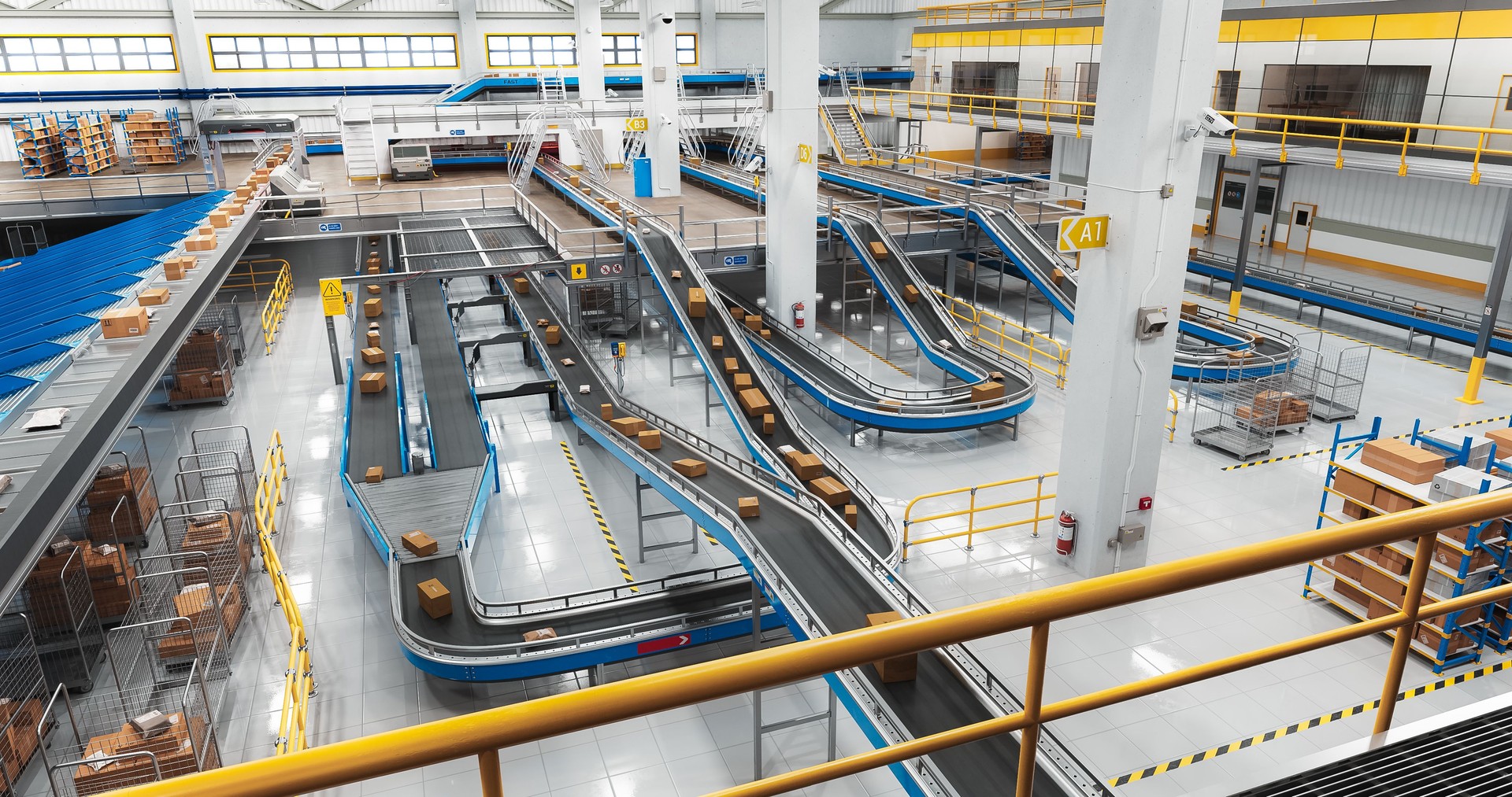 Modern Delivery Logistics Warehouse with Working Automated Conveyor Belt with Retail Parcels, Cardboard Boxes and Online Shopping Orders Being Prepared for Shipping